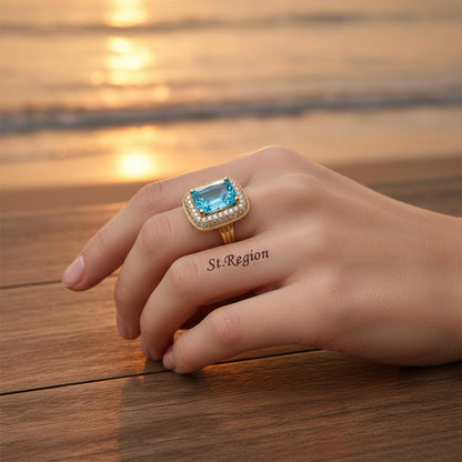 Sea Blue Crystal and Cubic Zirconia Radiant-Cut Ring, statement rings for women, elegant gift for her, styled look