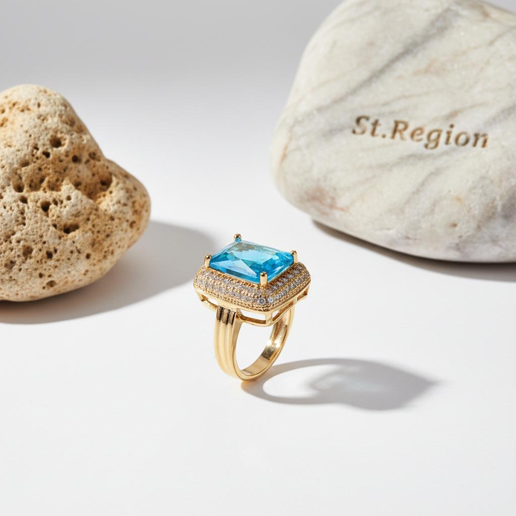 Sea Blue Crystal and Cubic Zirconia Radiant-Cut Ring, statement rings for women, elegant gift for her, detail close-up