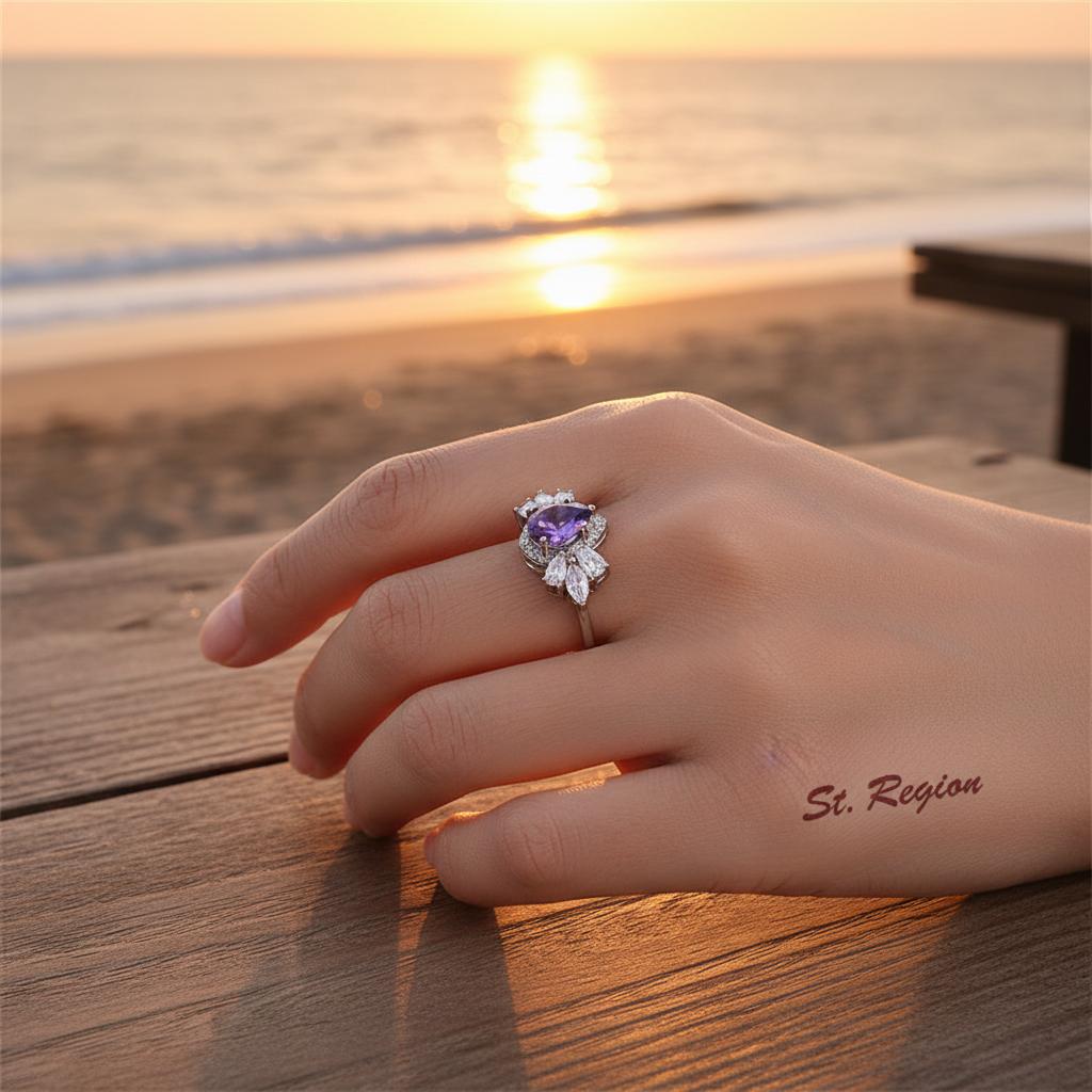 Purple Crystal and Silver-Plated Pear-Cut Ring, silver statement rings for women, everyday style, styled look