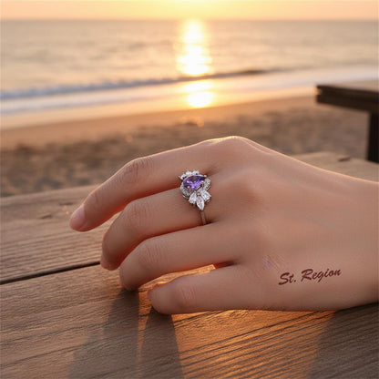 Purple Crystal and Silver-Plated Pear-Cut Ring, silver statement rings for women, everyday style, styled look