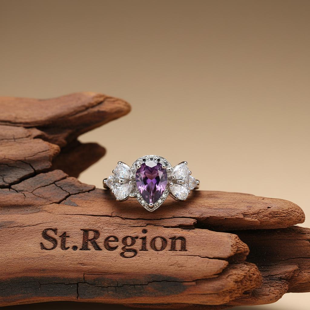 Purple Crystal and Silver-Plated Pear-Cut Ring, silver statement rings for women, everyday style, front view