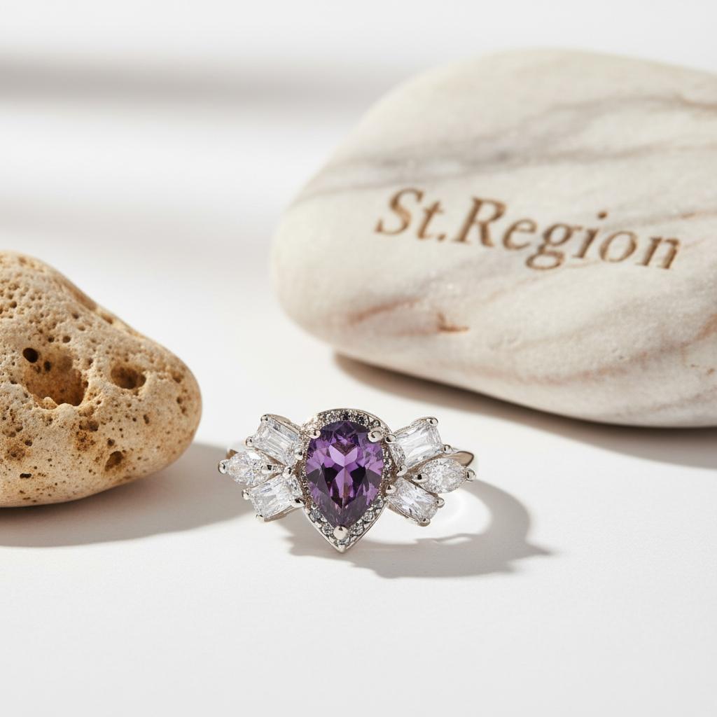 Purple Crystal and Silver-Plated Pear-Cut Ring, silver statement rings for women, everyday style, detail close-up