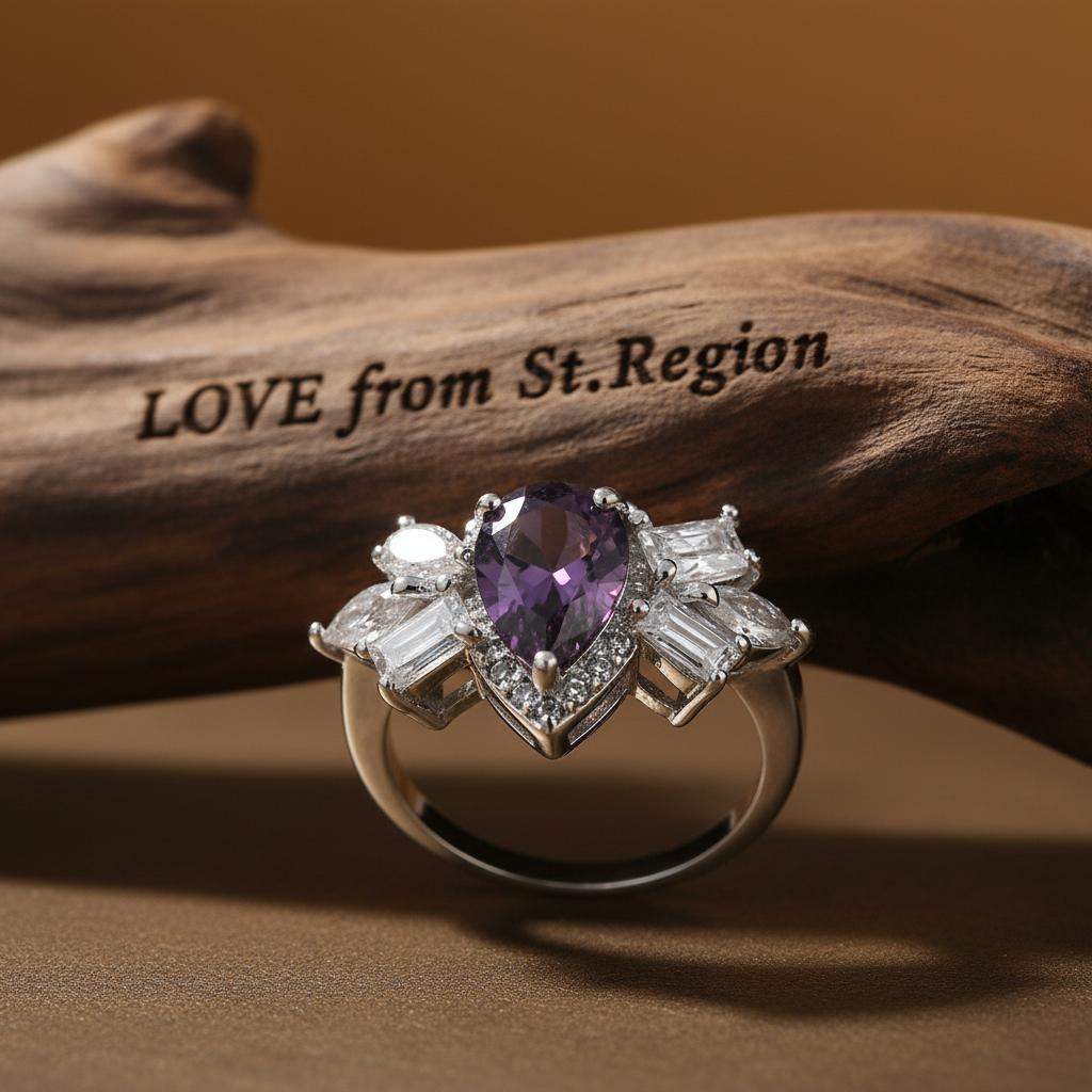 Purple Crystal and Silver-Plated Pear-Cut Ring, silver statement rings for women, everyday style, lifestyle look