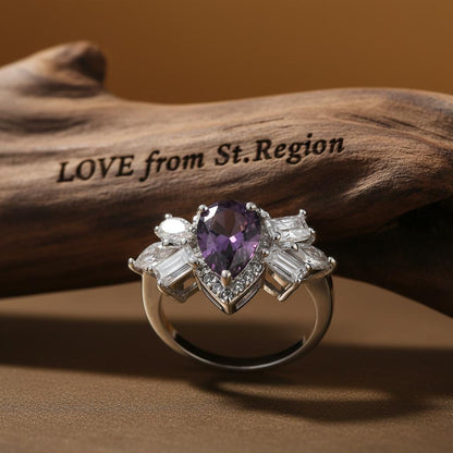 Purple Crystal and Silver-Plated Pear-Cut Ring, silver statement rings for women, everyday style, lifestyle look