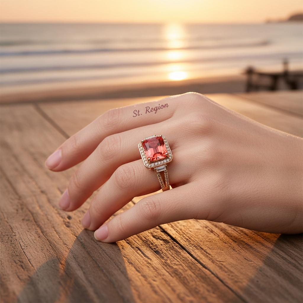 Red Crystal and Cubic Zirconia Princess-Cut Halo Ring, statement rings for women, elegant gift for her, styled look