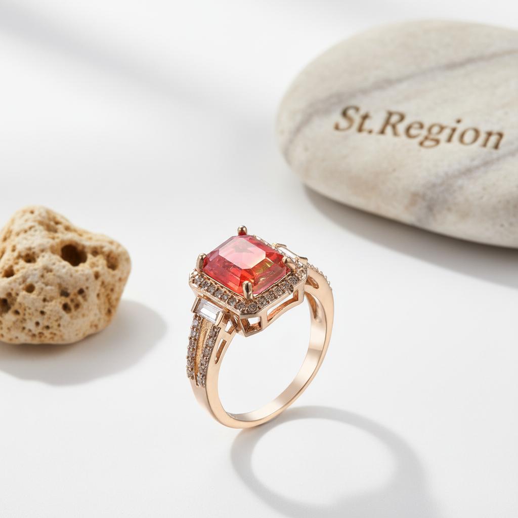 Red Crystal and Cubic Zirconia Princess-Cut Halo Ring, statement rings for women, elegant gift for her, detail close-up
