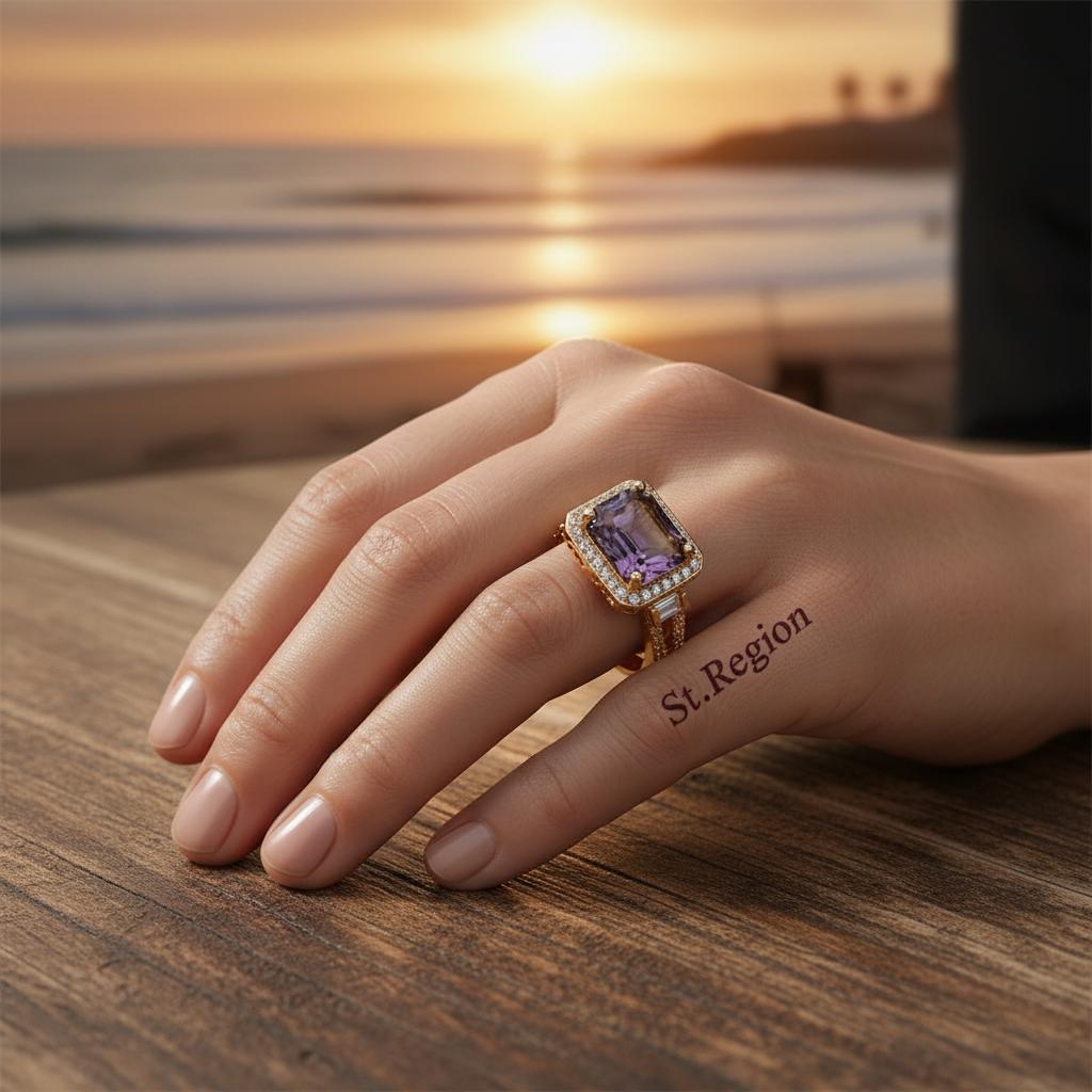 Yellow and Purple Crystal and Cubic Zirconia Princess-Cut Halo Ring, statement rings for women, styled look