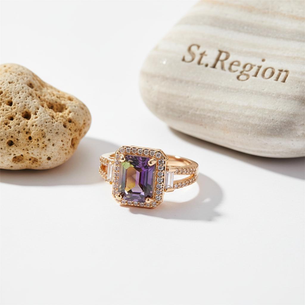 Yellow and Purple Crystal and Cubic Zirconia Princess-Cut Halo Ring, statement rings for women, detail close-up
