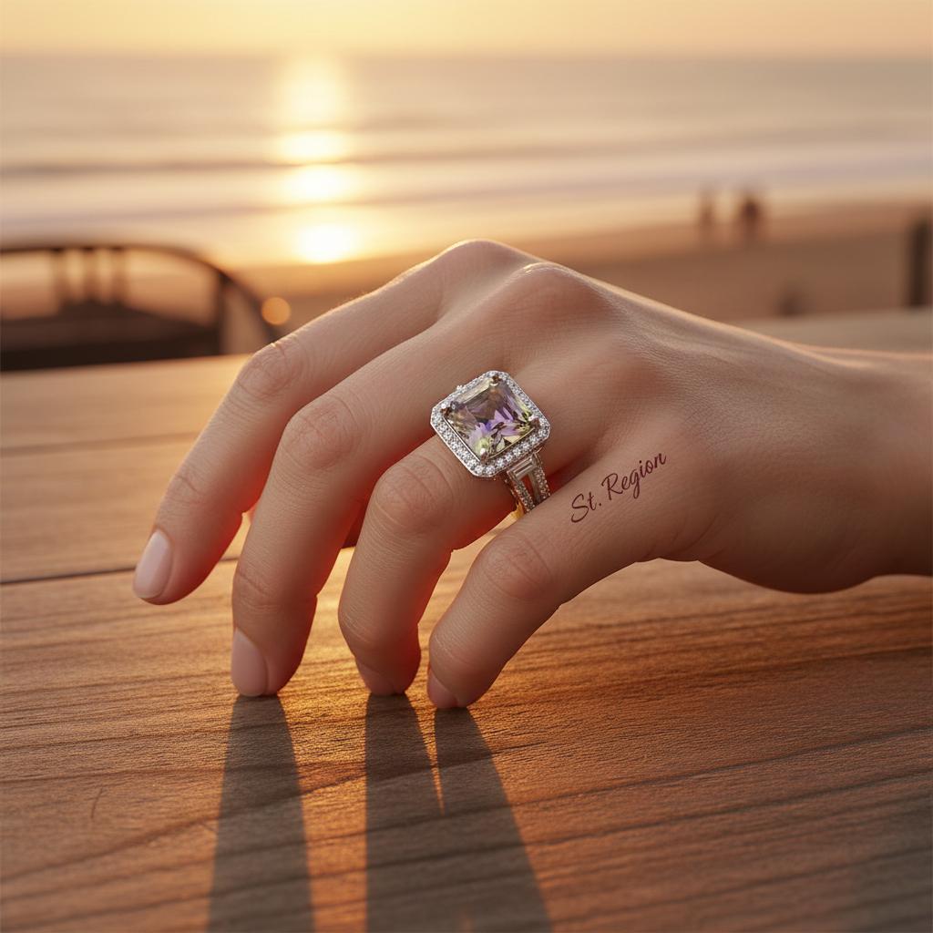 Yellow and Purple Crystal Cubic Zirconia Silver-Plated Princess-Cut Halo Ring, silver statement rings for women, styled look