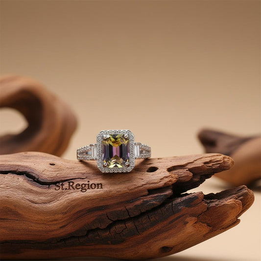 Yellow & Purple Crystal Cubic Zirconia Silver-Plated Princess-Cut Halo Ring
