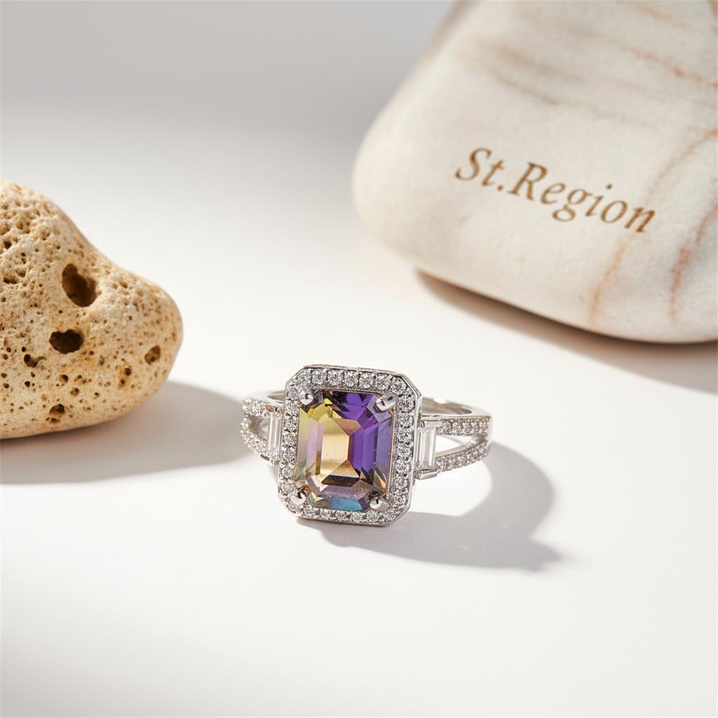 Yellow and Purple Crystal Cubic Zirconia Silver-Plated Princess-Cut Halo Ring, silver statement rings..., detail close-up