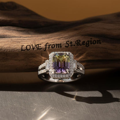 Yellow and Purple Crystal Cubic Zirconia Silver-Plated Princess-Cut Halo Ring, silver statement rings for..., lifestyle look
