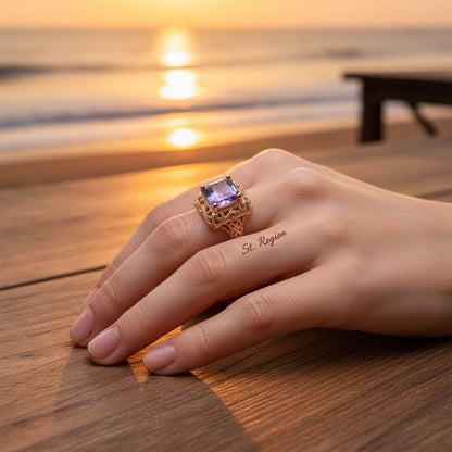 Rose Purple Crystal and 18K Gold-Plated Radiant-Cut Ring, gold statement rings for women, elegant gift for her, styled look