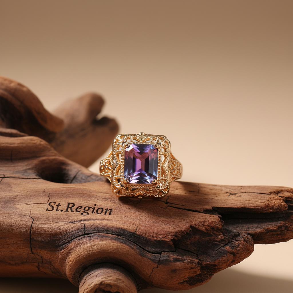 Rose Purple Crystal and 18K Gold-Plated Radiant-Cut Ring, gold statement rings for women, elegant gift for her, front view