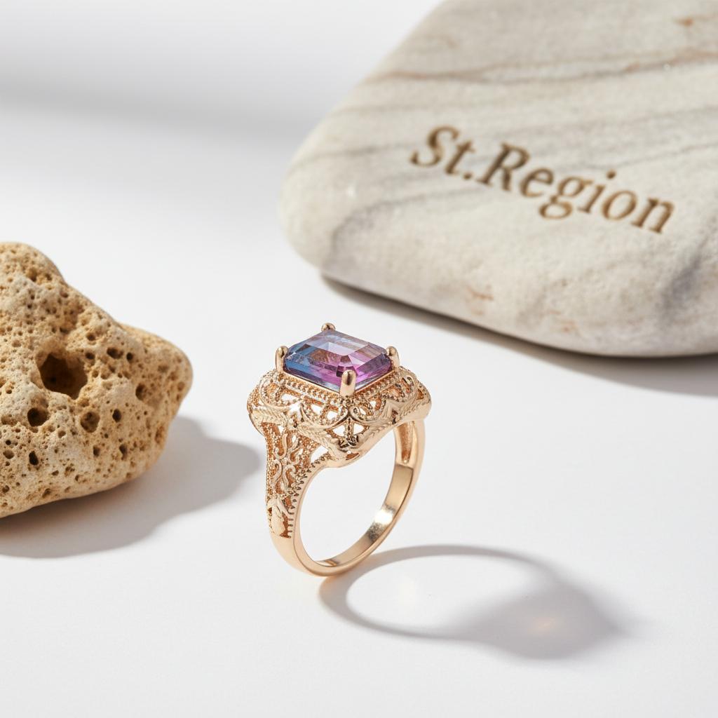 Rose Purple Crystal and 18K Gold-Plated Radiant-Cut Ring, gold statement rings for women, detail close-up