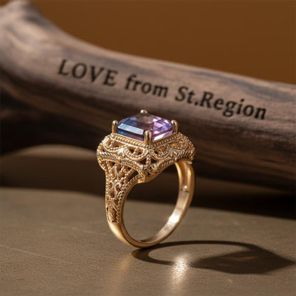 Rose Purple Crystal and 18K Gold-Plated Radiant-Cut Ring, gold statement rings for women, lifestyle look