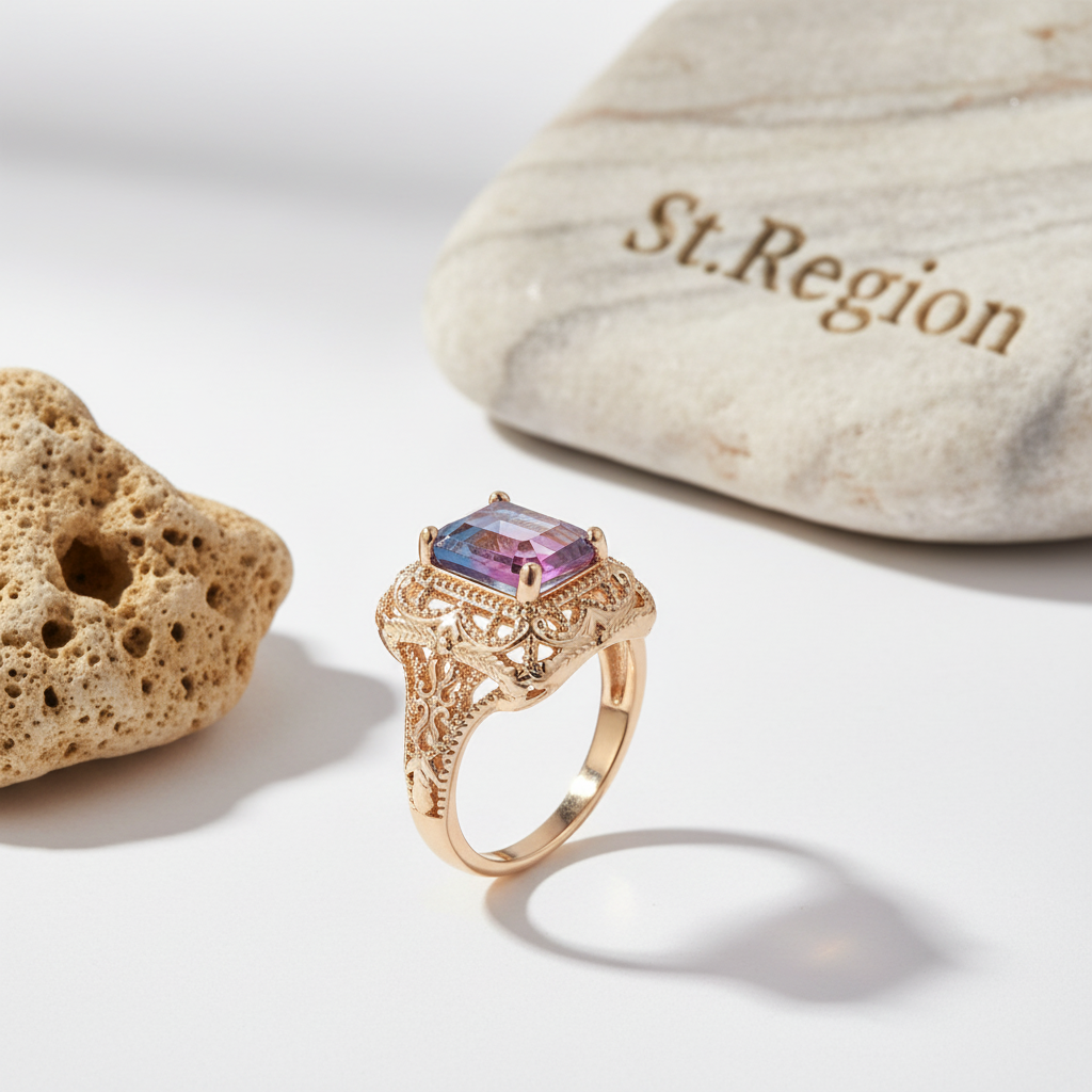 Rose Purple Crystal & 18K Gold-Plated Radiant-Cut Ring - Street Region