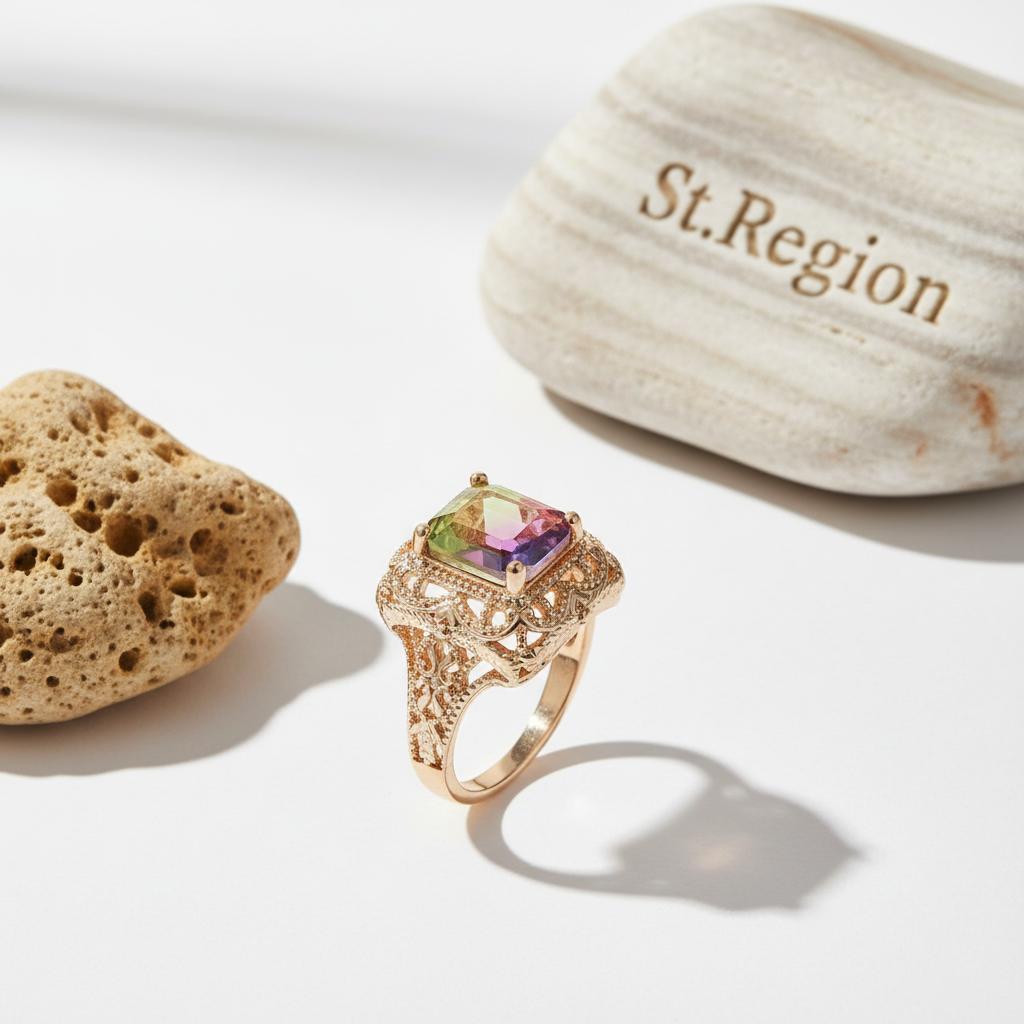 Red and Purple Crystal and 18K Gold-Plated Radiant-Cut Ring, gold statement rings for women, detail close-up