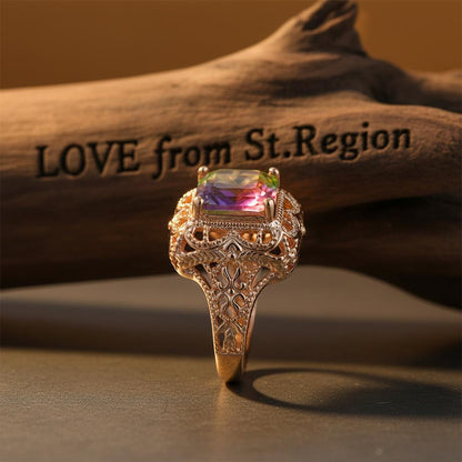 Red and Purple Crystal and 18K Gold-Plated Radiant-Cut Ring, gold statement rings for women, lifestyle look