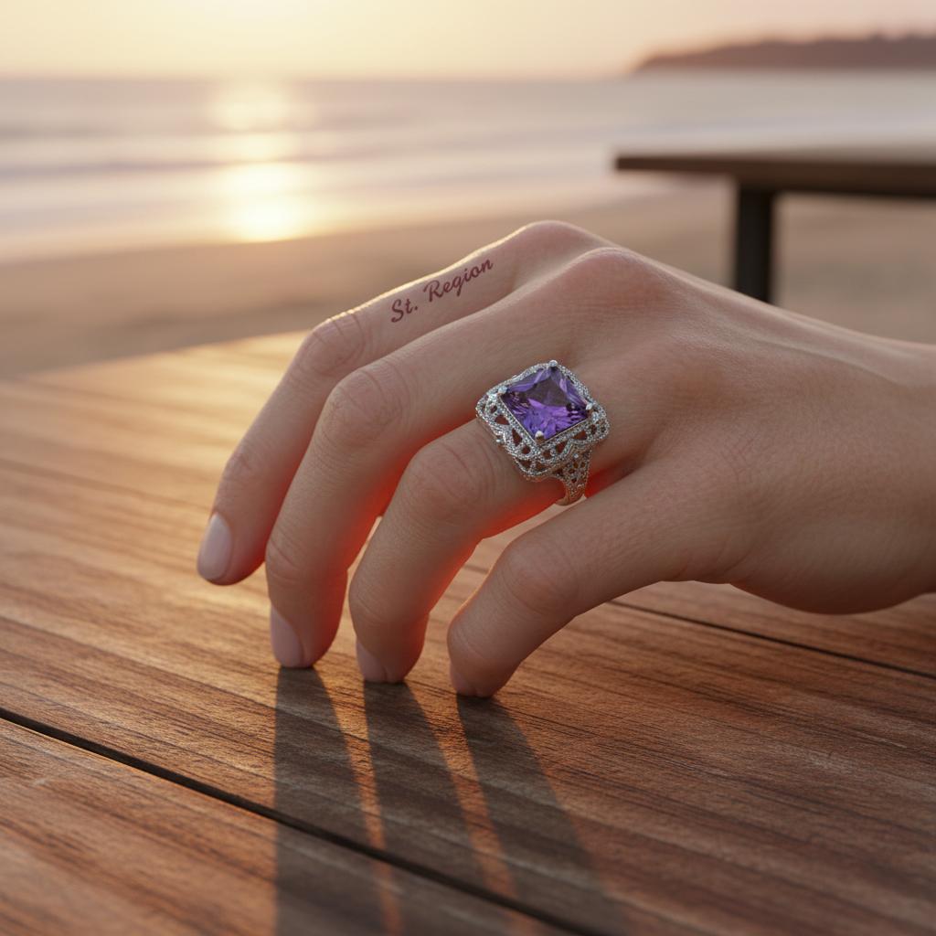 Purple Crystal and Silver-Plated Radiant-Cut Ring, silver statement rings for women, elegant gift for her, styled look