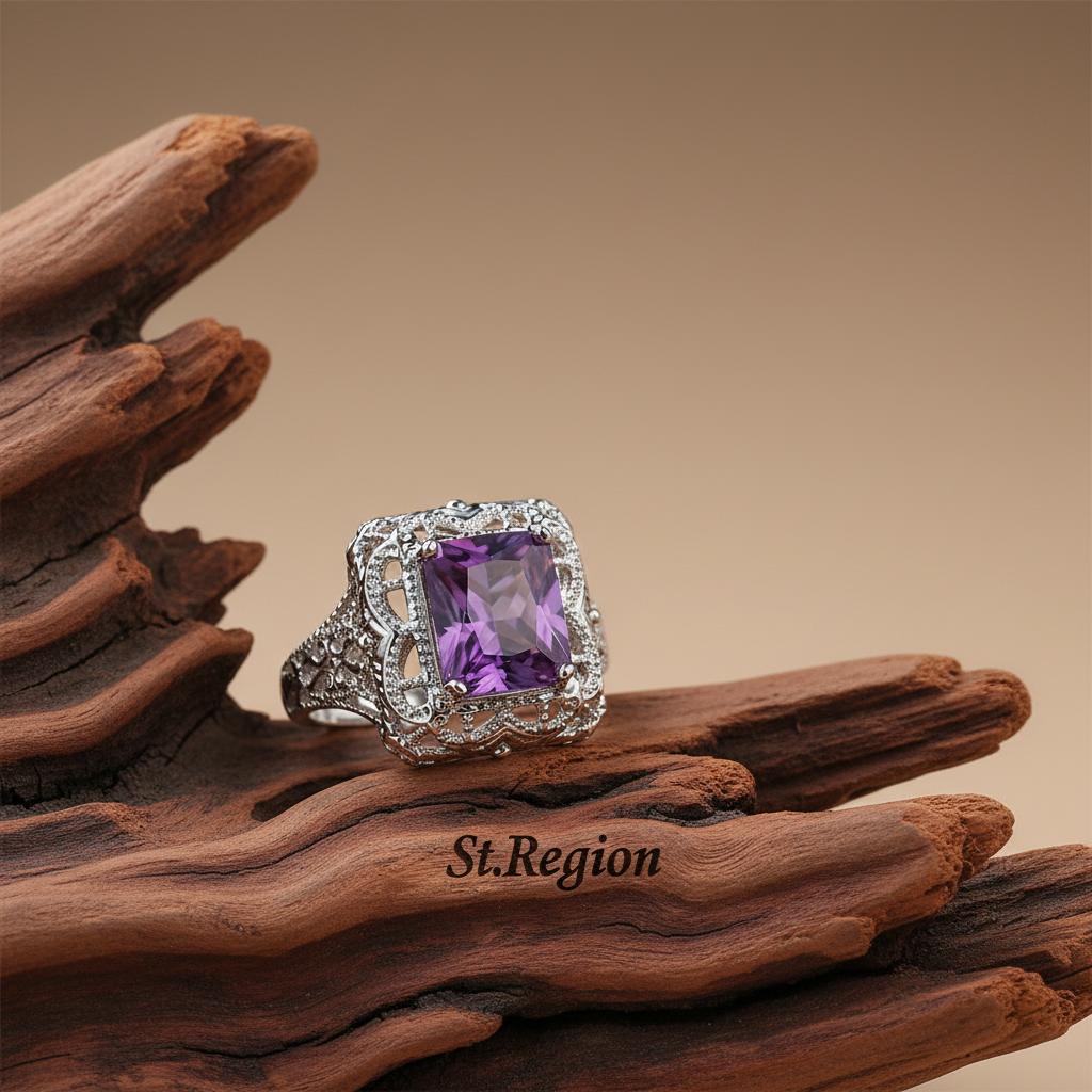 Purple Crystal and Silver-Plated Radiant-Cut Ring, silver statement rings for women, elegant gift for her, front view