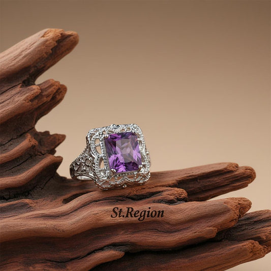 Purple Crystal & Silver-Plated Radiant-Cut Ring