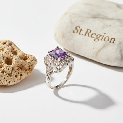 Purple Crystal and Silver-Plated Radiant-Cut Ring, silver statement rings for women, elegant gift for her, detail close-up