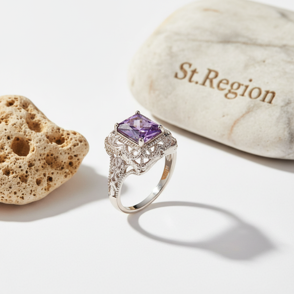 Purple Crystal & Silver-Plated Radiant-Cut Ring - Street Region