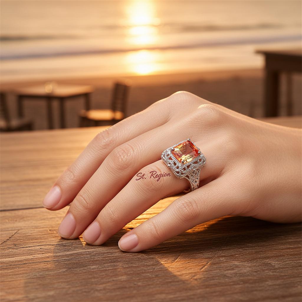 Yellow Red Crystal and Silver-Plated Radiant-Cut Ring, silver statement rings for women, everyday style, styled look