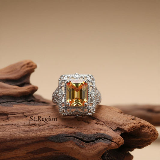 Yellow Red Crystal & Silver-Plated Radiant-Cut Ring