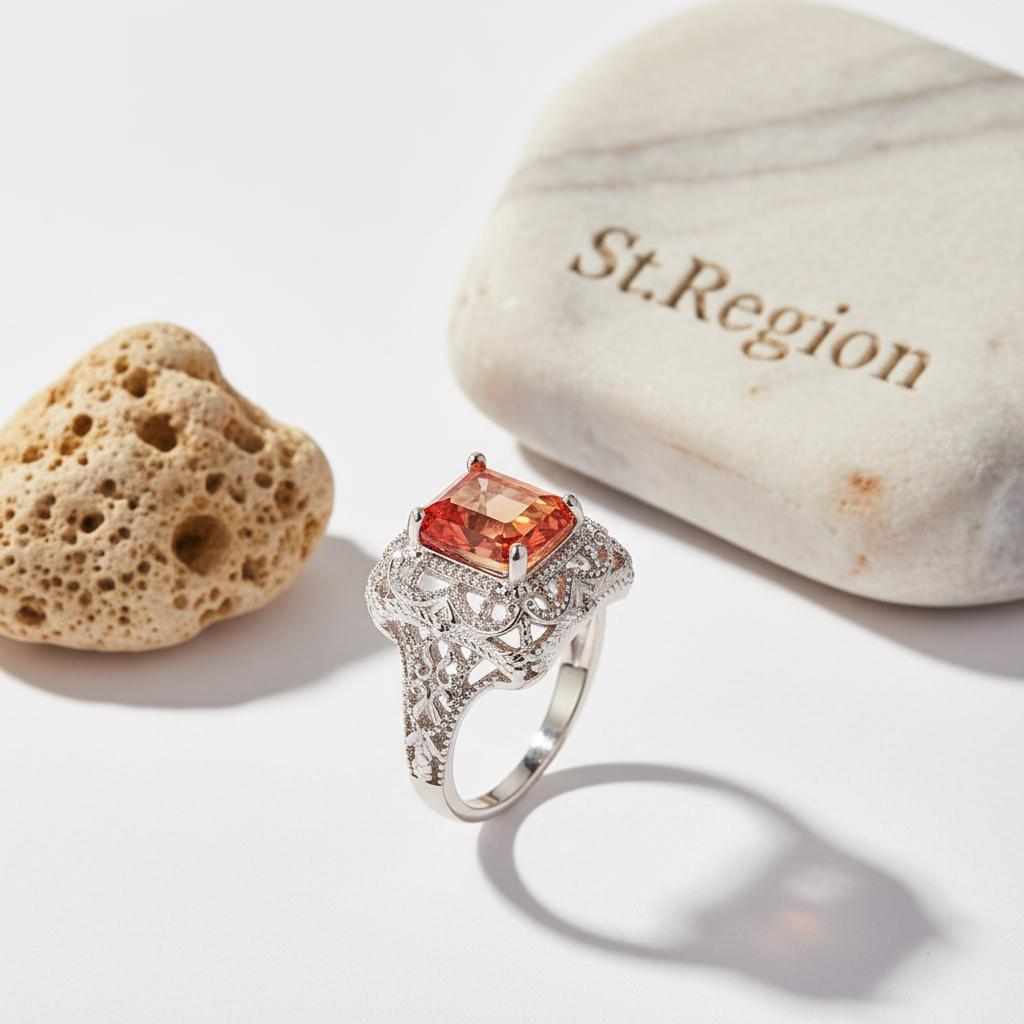 Yellow Red Crystal and Silver-Plated Radiant-Cut Ring, silver statement rings for women, everyday style, detail close-up