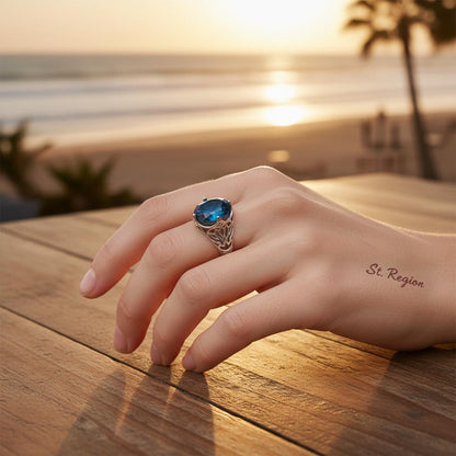 Blue Crystal and Silver-Plated Filigree Ring, silver statement rings for women, everyday style, styled look