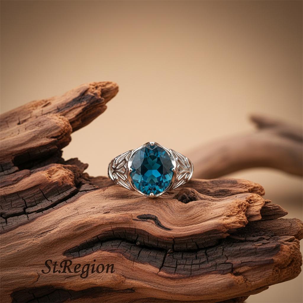 Blue Crystal and Silver-Plated Filigree Ring, silver statement rings for women, everyday style, front view