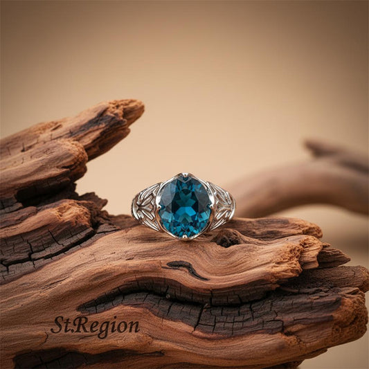 Blue Crystal & Silver-Plated Filigree Ring