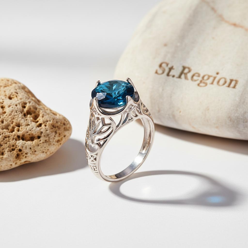 Blue Crystal and Silver-Plated Filigree Ring, silver statement rings for women, everyday style, detail close-up