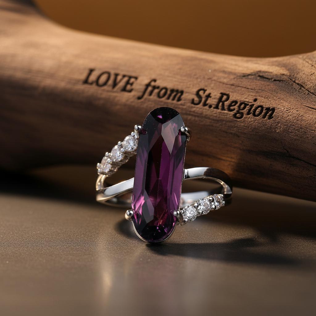 Cubic Zirconia and Purple Crystal Long Oval Ring, statement rings for women, vintage-inspired design, styled look