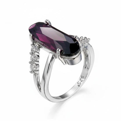 Cubic Zirconia and Purple Crystal Long Oval Ring, statement rings for women, vintage-inspired design, detail close-up
