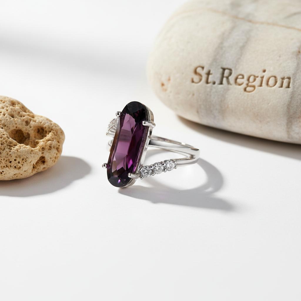 Cubic Zirconia and Purple Crystal Long Oval Ring, statement rings for women, vintage-inspired design, lifestyle look