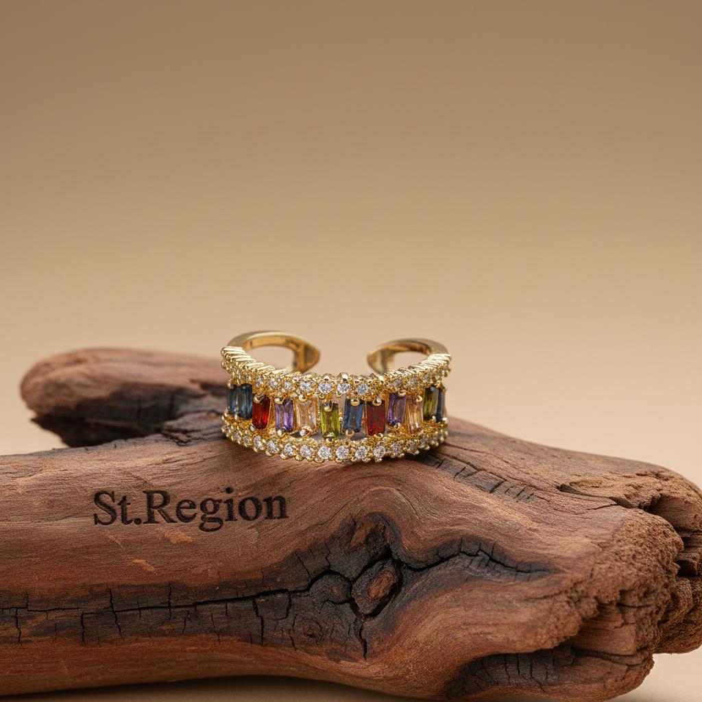 Multicolor Crystal and Cubic Zirconia 18K Gold-Plated Open Ring, gold statement rings for women, front view