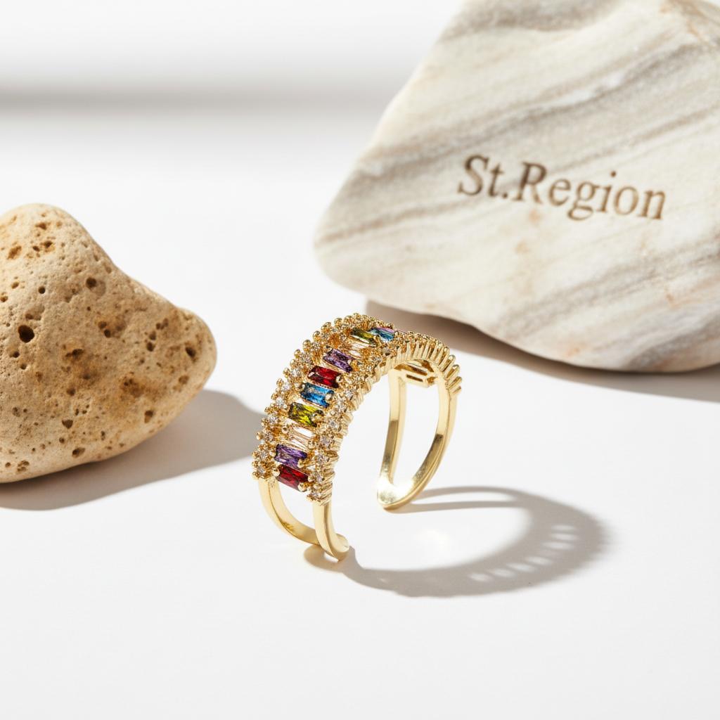 Multicolor Crystal and Cubic Zirconia 18K Gold-Plated Open Ring, gold statement rings for women, detail close-up