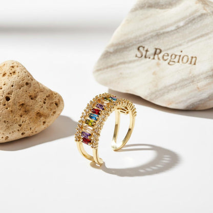 Multicolor Crystal and Cubic Zirconia 18K Gold-Plated Open Ring, gold statement rings for women, detail close-up