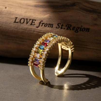 Multicolor Crystal and Cubic Zirconia 18K Gold-Plated Open Ring, gold statement rings for women, lifestyle look