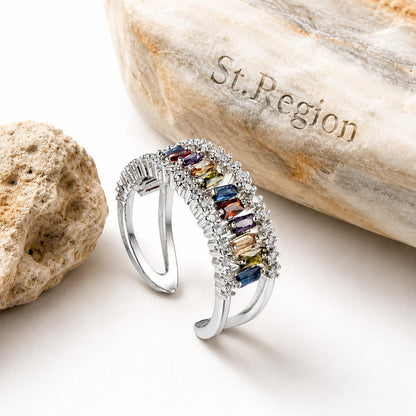 Multicolor Crystal and Cubic Zirconia Silver-Plated Open Ring, silver statement rings for women, detail close-up