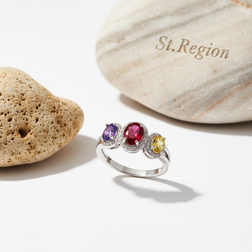 Multicolor Crystal and Cubic Zirconia Silver-Plated Oval Band Ring, silver statement rings for women, detail close-up