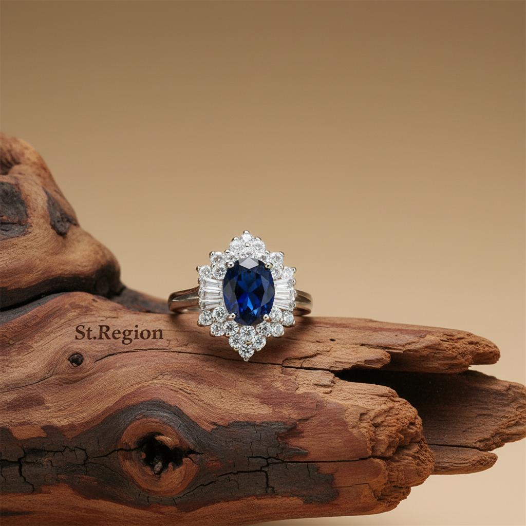 Navy Crystal & Cubic Zirconia Silver-Plated Flower Ring