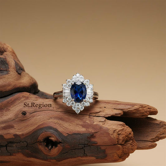 Navy Crystal & Cubic Zirconia Silver-Plated Flower Ring