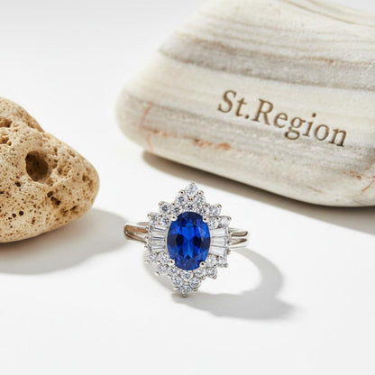 Navy Crystal & Cubic Zirconia Silver-Plated Flower Ring
