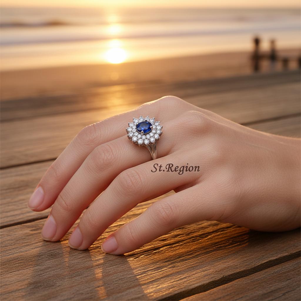 Cubic Zirconia & Navy Crystal Flower Halo Ring