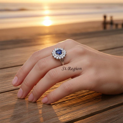 Cubic Zirconia & Navy Crystal Flower Halo Ring
