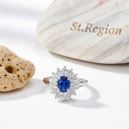 Cubic Zirconia & Navy Crystal Flower Halo Ring